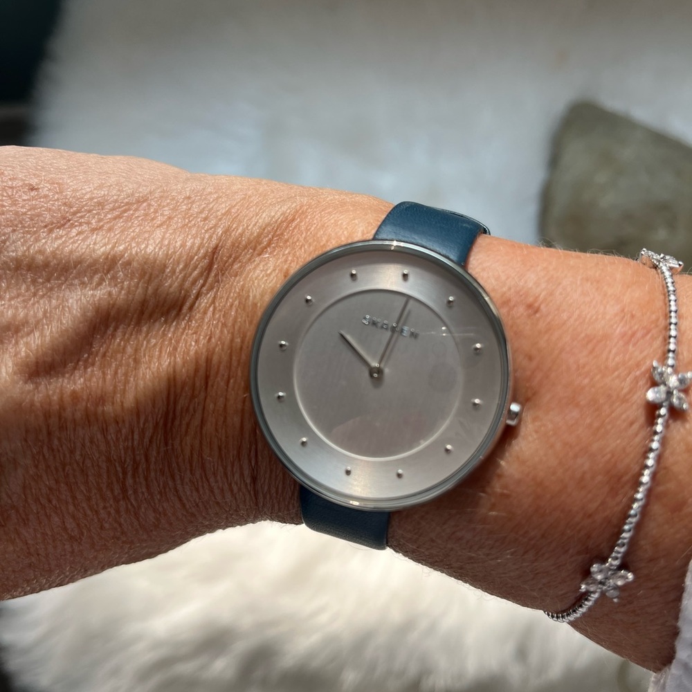 Skagen Blue and silver Leather Strap Watch